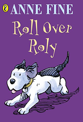 Purple book cover with illustrated dog rolling over, titled "Roll Over Roly.
