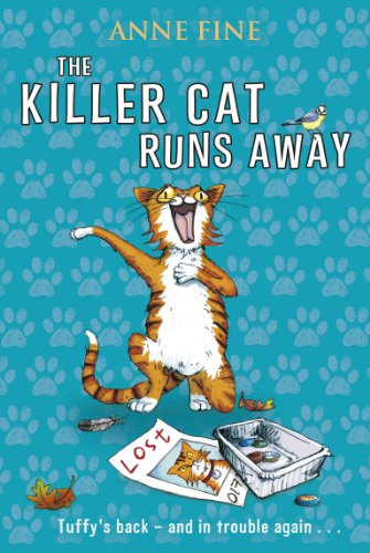Book cover showing an orange tabby cat with mouth open on a paw-print background.