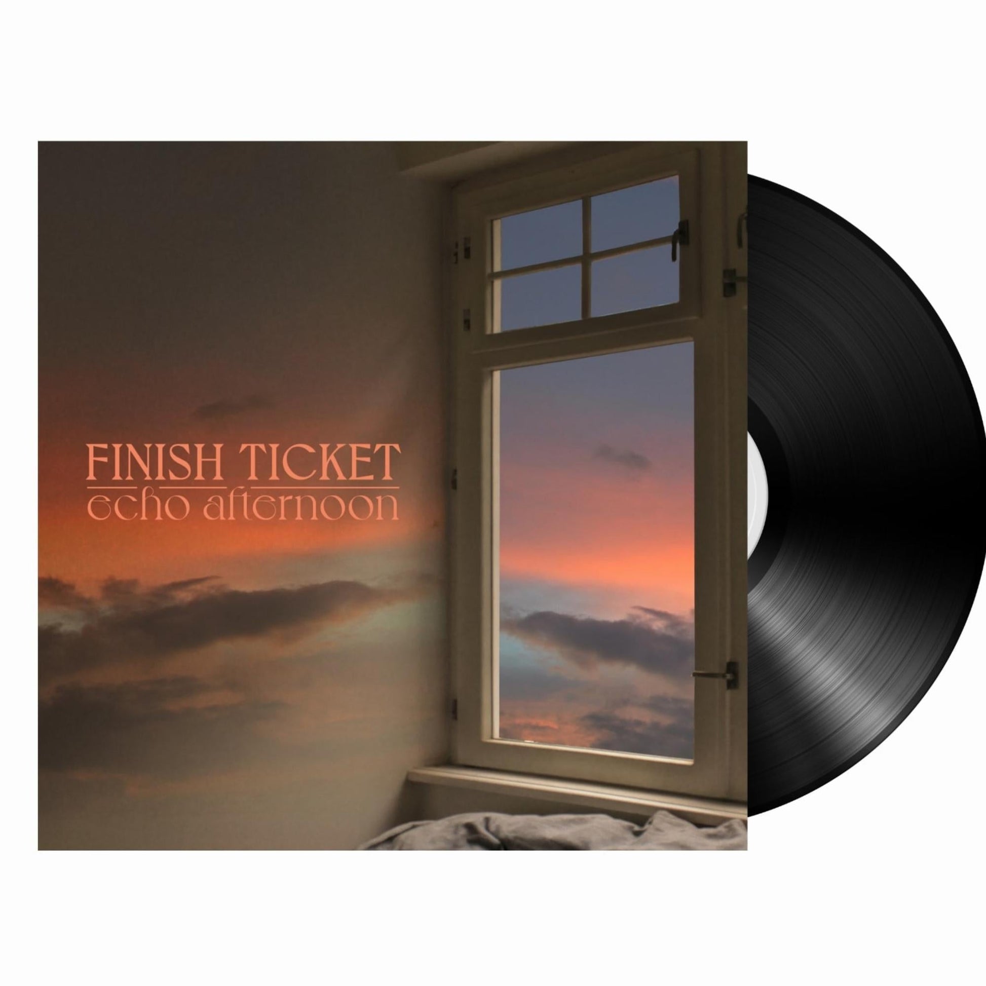 Vinyl record cover showing a sunset view through a window with text overlay.