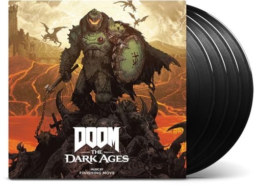 Doom warrior with shield and sword, vinyl record beside album art.