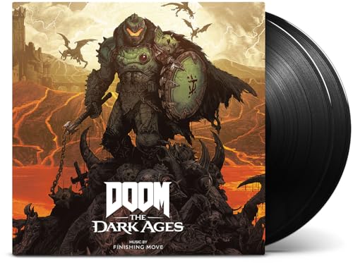 Doom Eternal artwork with a vinyl record; a warrior stands amidst skulls.