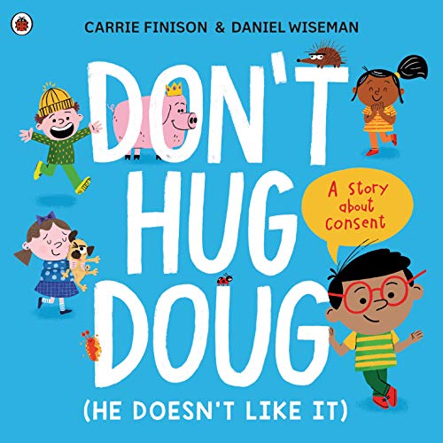 Book cover featuring children, a pig, and a dog on a bright blue background.