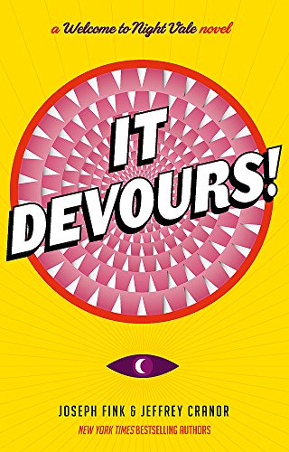 Yellow book cover with a pink, spiky circle and large white text: "IT DEVOURS!".