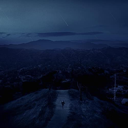 Night landscape with a lone figure walking towards a distant city.