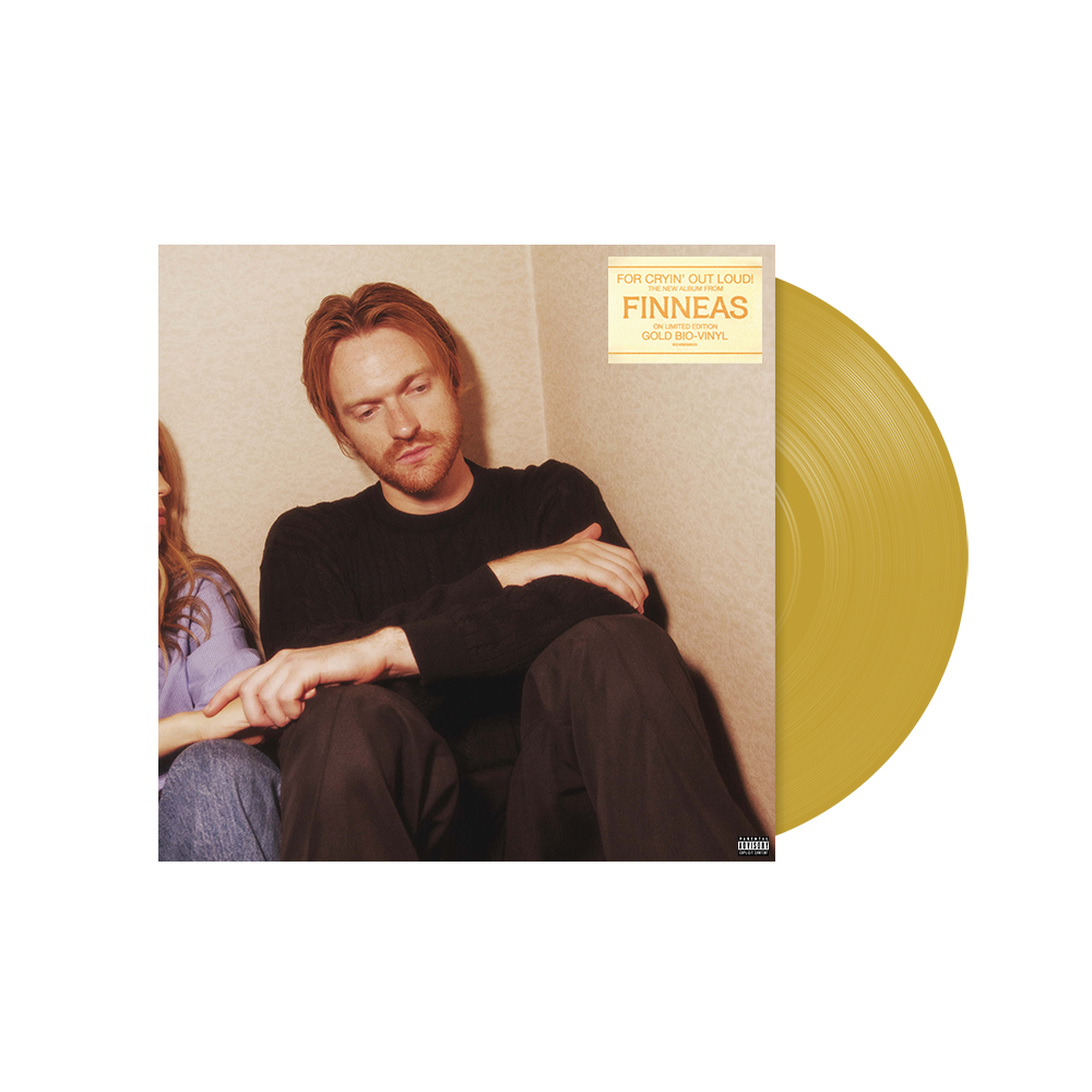 Finneas album cover with artist portrait and adjacent gold vinyl record.