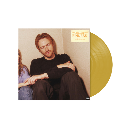 Finneas album cover with artist portrait and adjacent gold vinyl record.