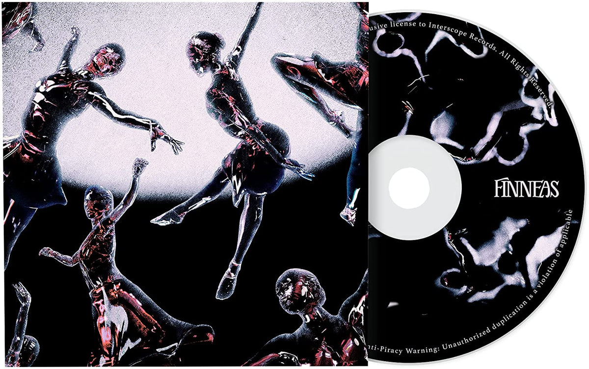 Multiple mirrored, metallic figures in dance poses against a dark background with light.