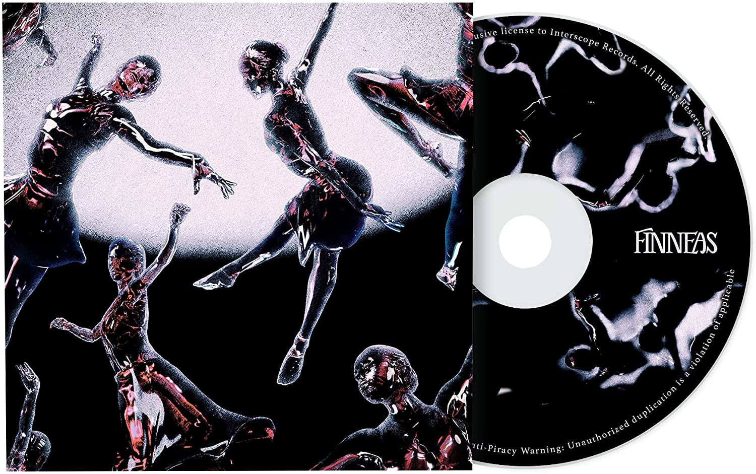 Multiple mirrored, metallic figures in dance poses against a dark background with light.