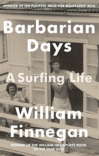 Book cover: "Barbarian Days" with a surfer and balcony scene.