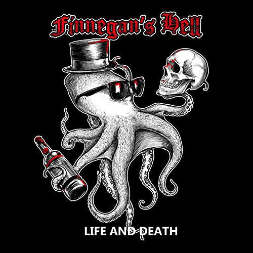 Octopus with top hat, skull, and sunglasses, holding a bottle.