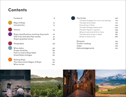 Open book displaying Rioja wine region contents and landscape photos.