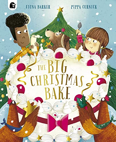 Children and animals decorate a large Christmas cake with festive details.