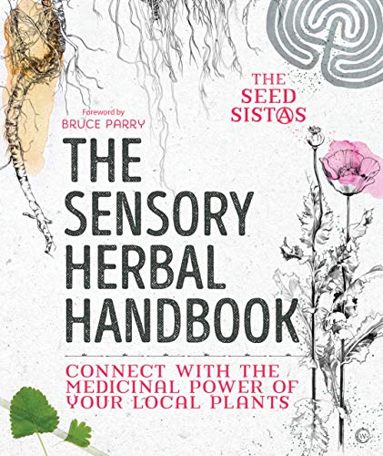 Book cover for The Sensory Herbal Handbook with botanical illustrations of roots and flowers.