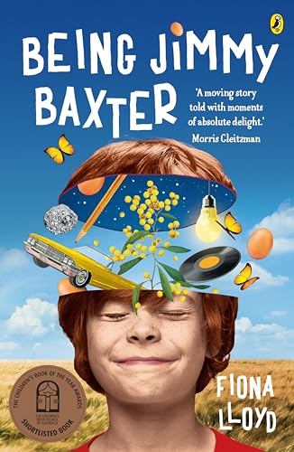 Book cover: boy with floating objects above his head, blue sky.