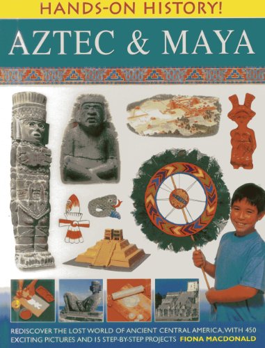Book cover featuring Aztec and Maya artifacts, a child, and a pyramid.