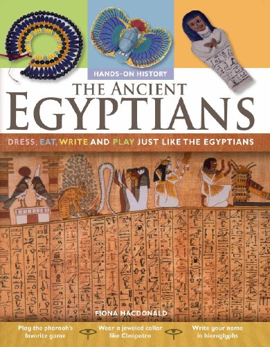 Book cover depicting ancient Egyptian life, artifacts, and hieroglyphs.
