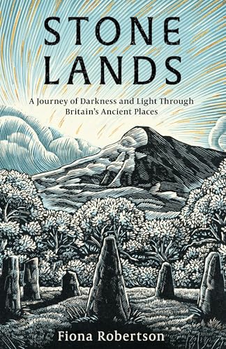 Book cover: "Stone Lands" with illustration of ancient stones and hills.