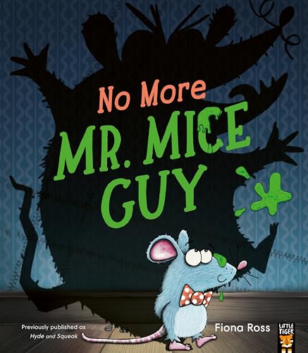 A blue mouse with a bowtie stands before a large, menacing shadow monster.