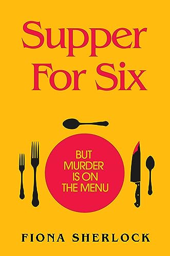 Book cover: "Supper For Six" with cutlery and a red circle.