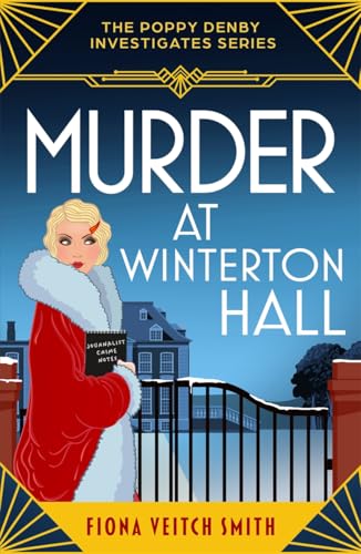 Book cover: woman in red coat, manor house, snowy landscape.
