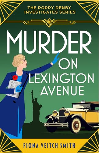 Book cover: woman, vintage car, Statue of Liberty, green and gold art deco.