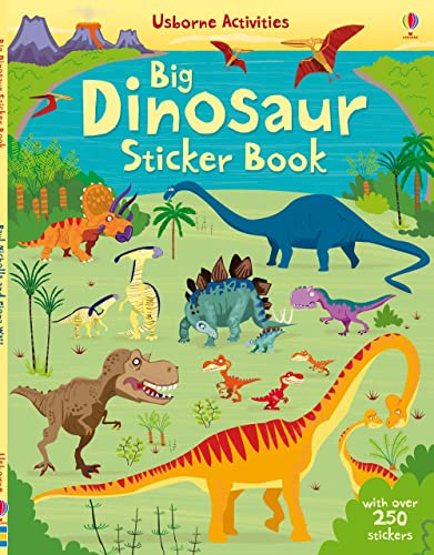 Illustrated cover of Big Dinosaur Sticker Book featuring various colorful dinosaurs in a landscape.