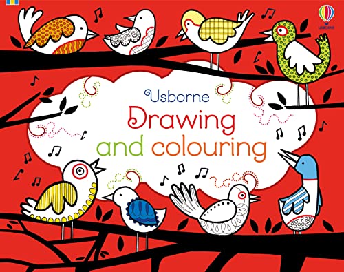 Book cover with colorful cartoon birds on branches, title "Drawing and Colouring".