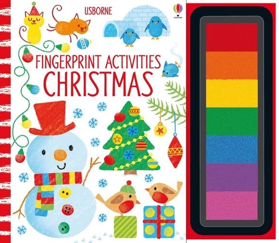 Children's book cover with Christmas illustrations and fingerprint paint sticks.