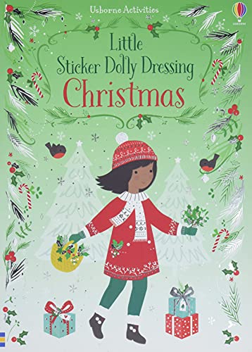 Children’s sticker book cover with a girl, Christmas trees, and gifts.