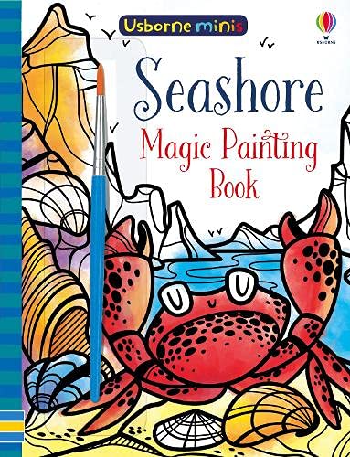 Seashore magic painting book cover with crab, shells, and paintbrush.