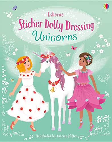 Two girls in floral dresses stand beside a white unicorn on a mint background.