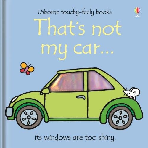 Green car with shiny windows and a mouse, from a touchy-feely book.