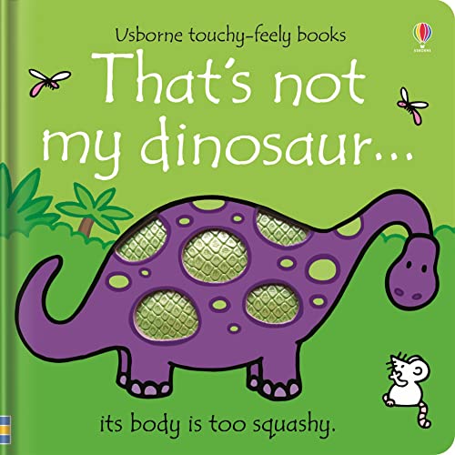 Purple dinosaur with textured scales on a green and yellow children’s book cover.