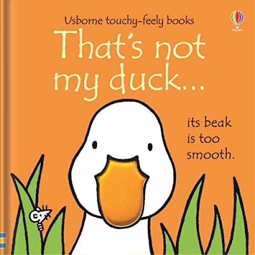 Orange book cover with a white duck head and green grass.