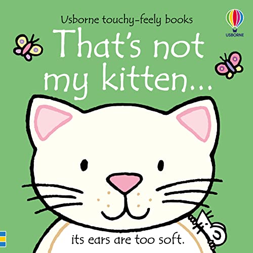 Cover of That's Not My Kitten board book featuring a white kitten on green background.