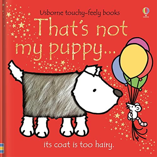 Red book cover with cartoon dog and balloons, stars and text.