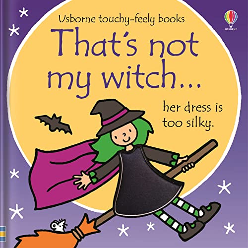 Illustration of a green-haired witch on a broom against a yellow moon.