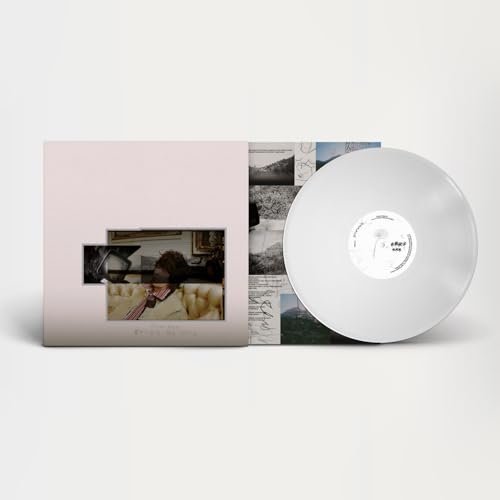 White vinyl record and album cover with collage-style portrait.