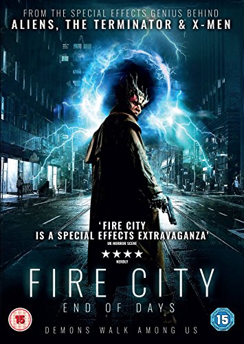 DVD cover for "Fire City: End of Days" featuring a man with glowing eyes.