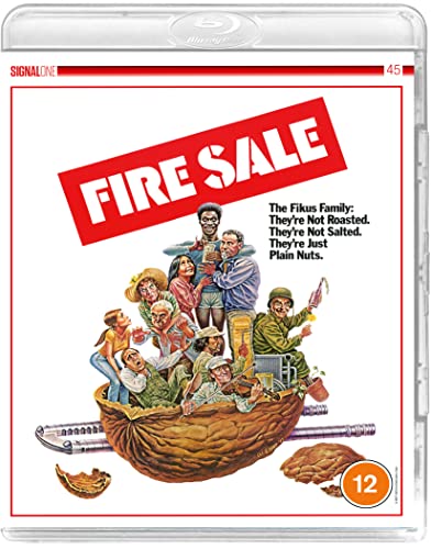 Fire Sale" Blu-ray cover featuring a painted illustration of a family in a walnut shell.