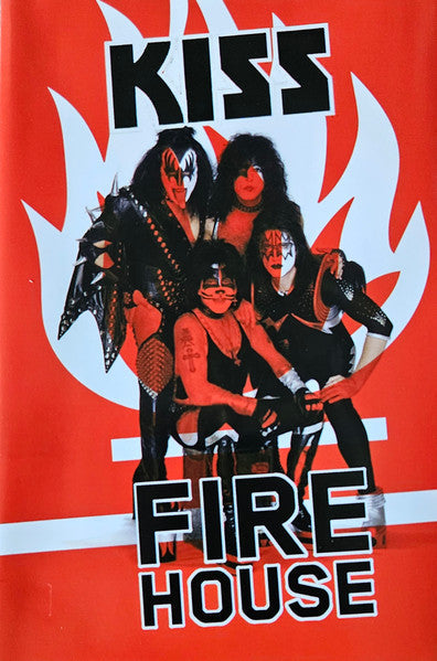 The band KISS in stage makeup and costumes against a red flame background.