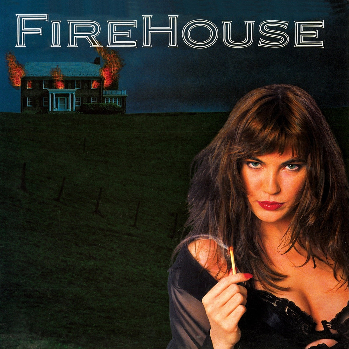 Album cover: burning house, woman with a match, dark blue sky.