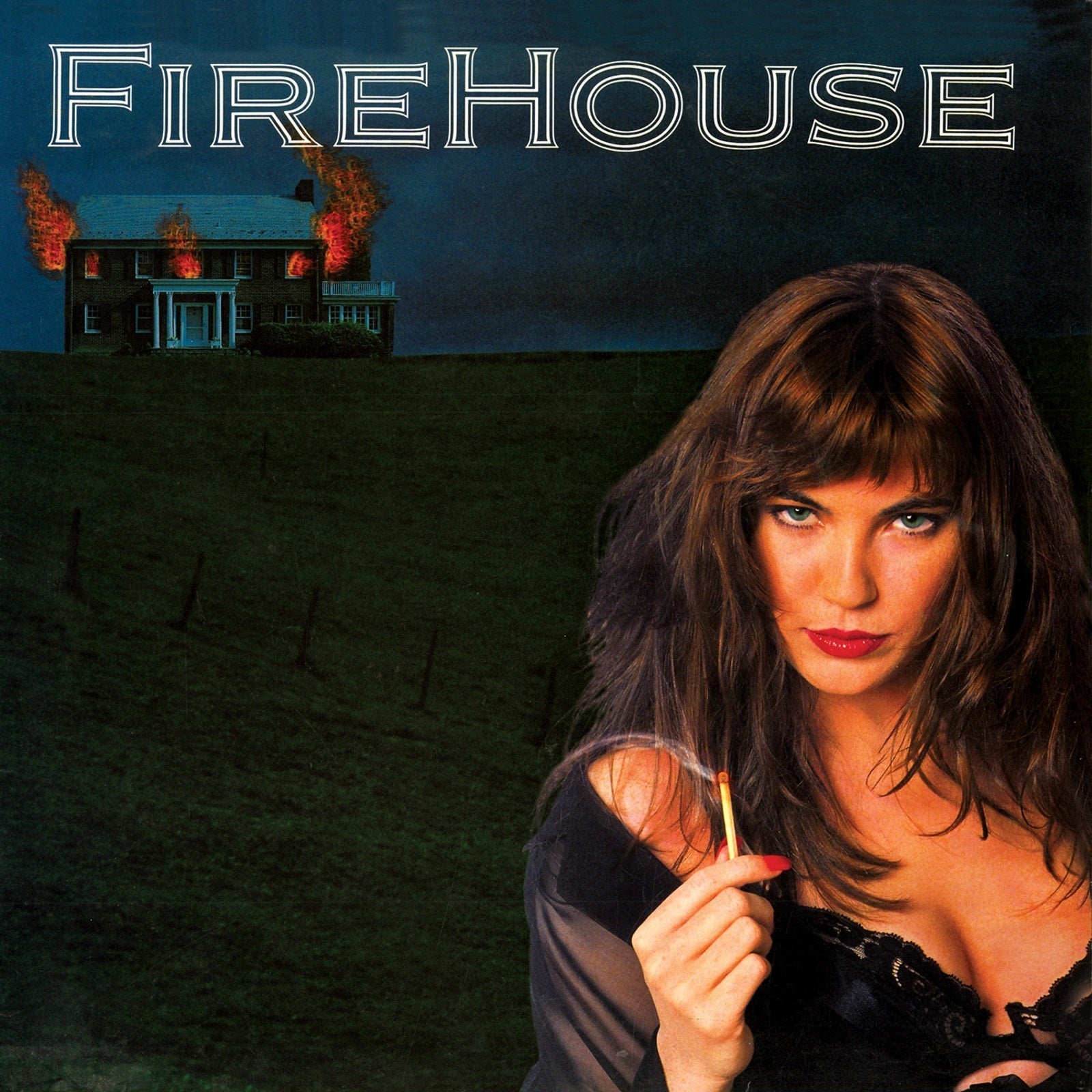 Album cover: burning house, woman with a match, dark blue sky.