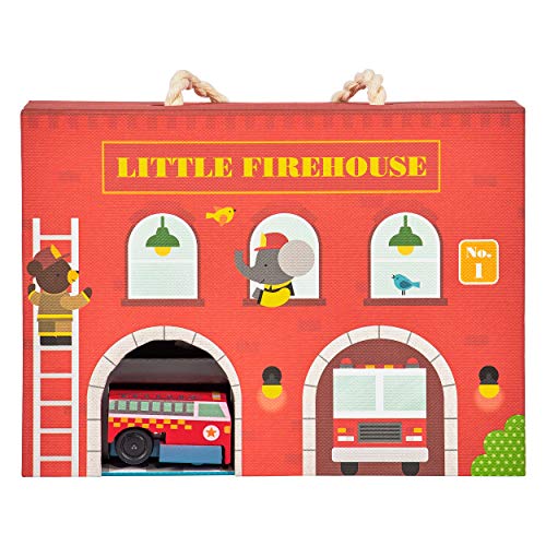 Red cardboard firehouse playset with illustrated windows and a fire truck.