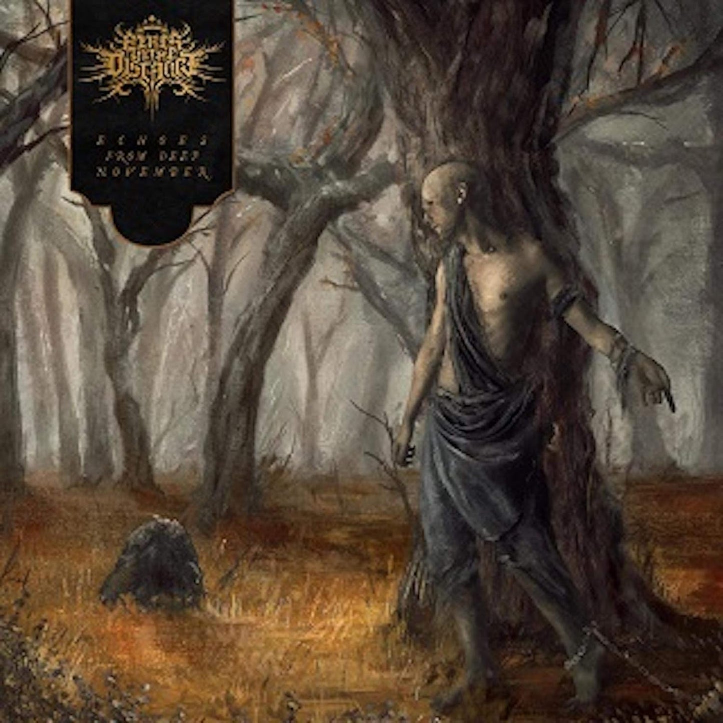 Painting of a lone, draped figure amongst gnarled trees in a misty forest.