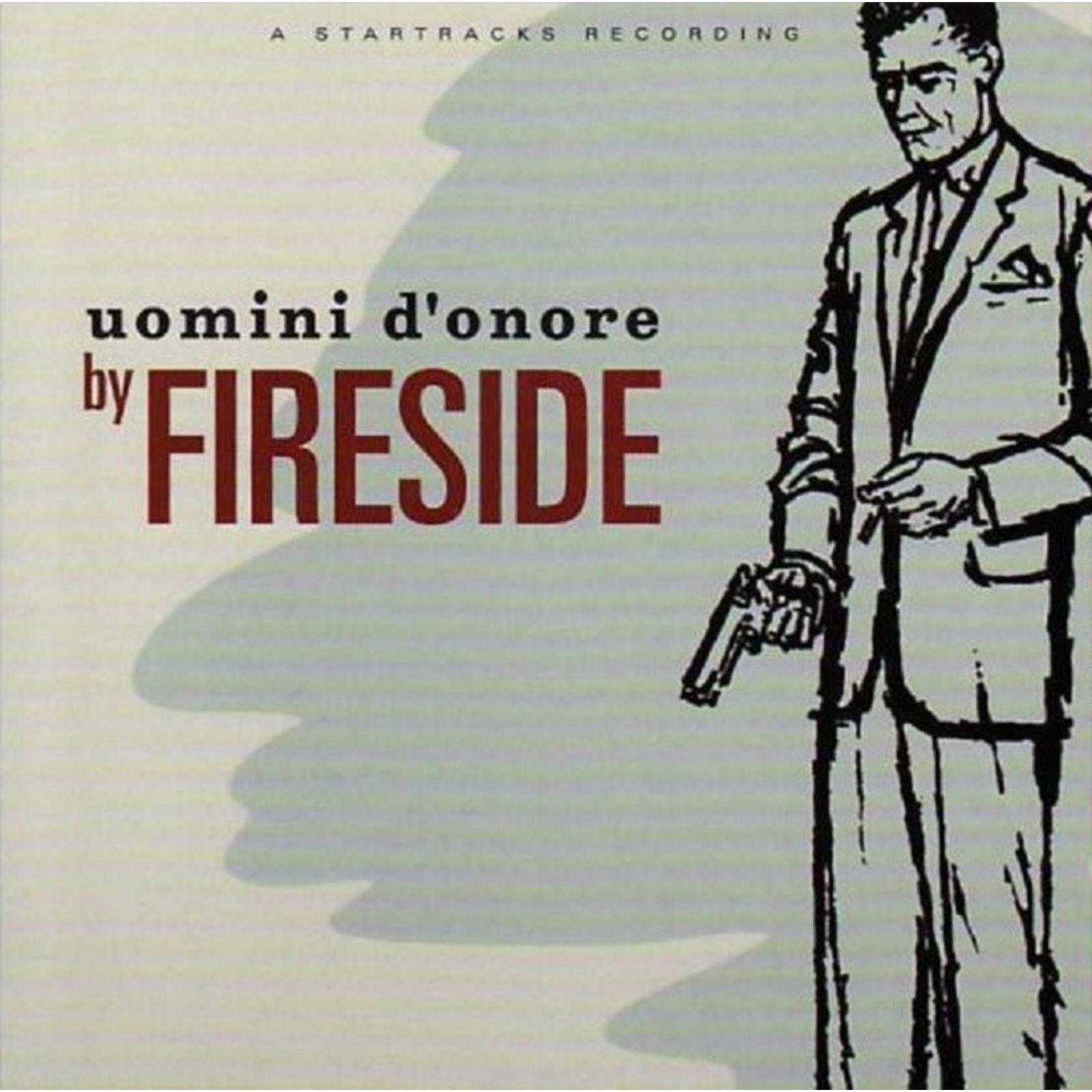 Black and white illustration of a man in a suit holding a gun.
