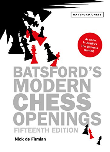 Book cover for Batsford's Modern Chess Openings with black and red chess piece silhouettes.