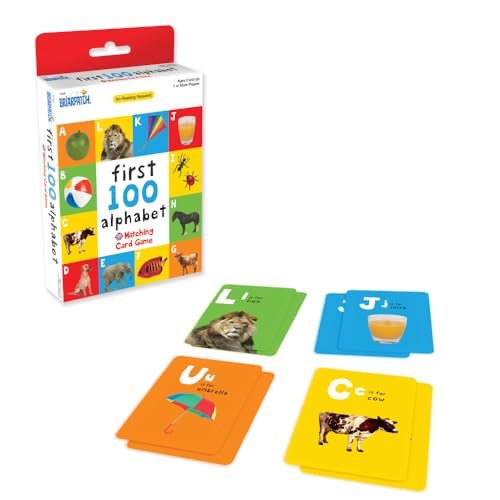 First 100 Alphabet Card Game box with four sample cards showing letters and images.