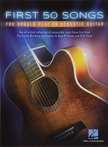 Book cover with acoustic guitar, titled "First 50 Songs You Should Play.
