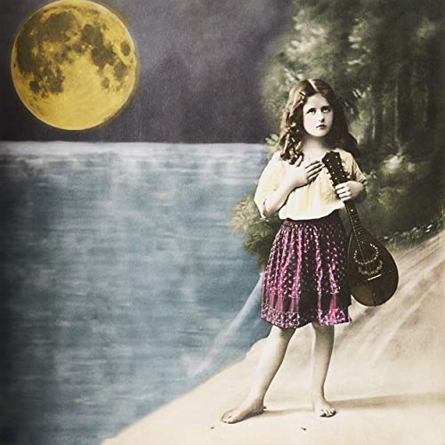 A girl holding a mandolin stands on a beach under a large full moon.